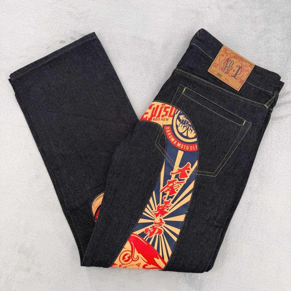 Evisu Lot 2000 Mens Indigo Raw Denim Daruma Moto Club Graphic Jeans Size 32